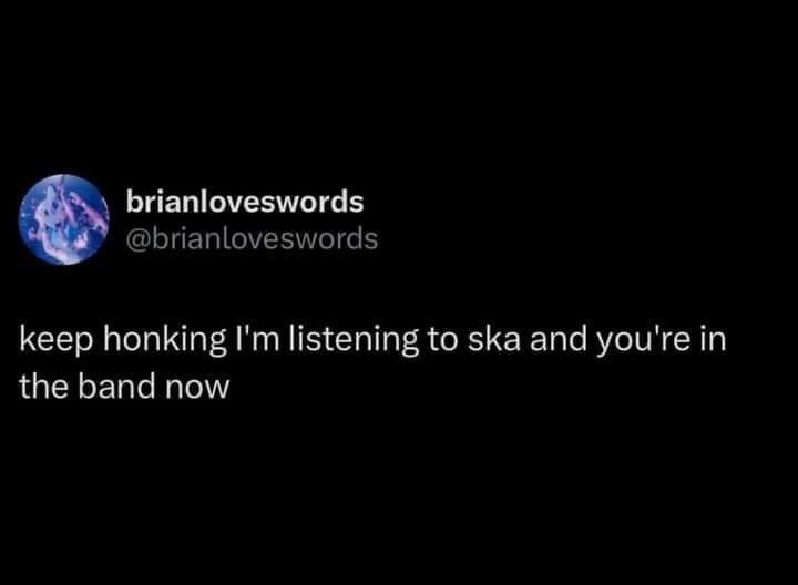 A meme that says "Keep honking, I'm listening to ska and you're in the band now."